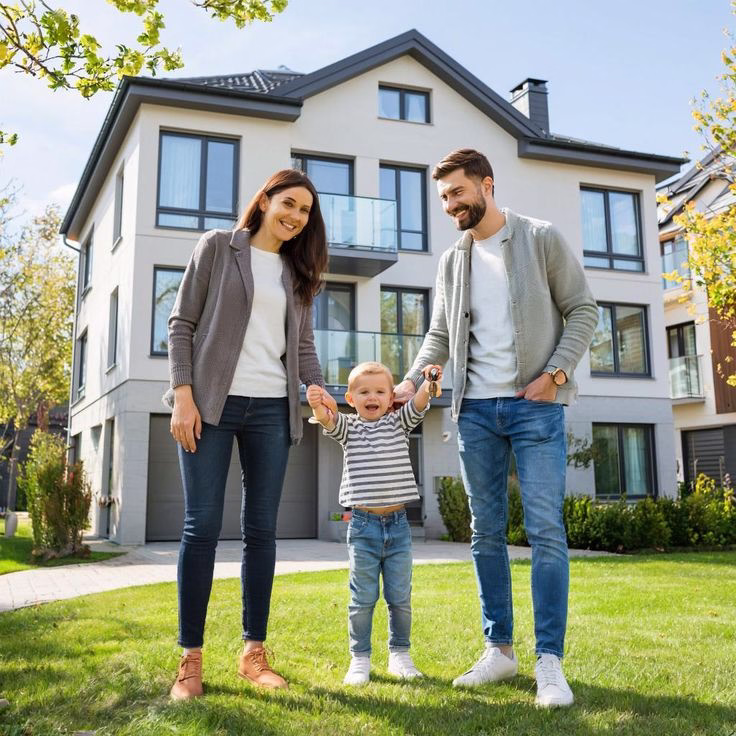 Familia frente a casa moderna