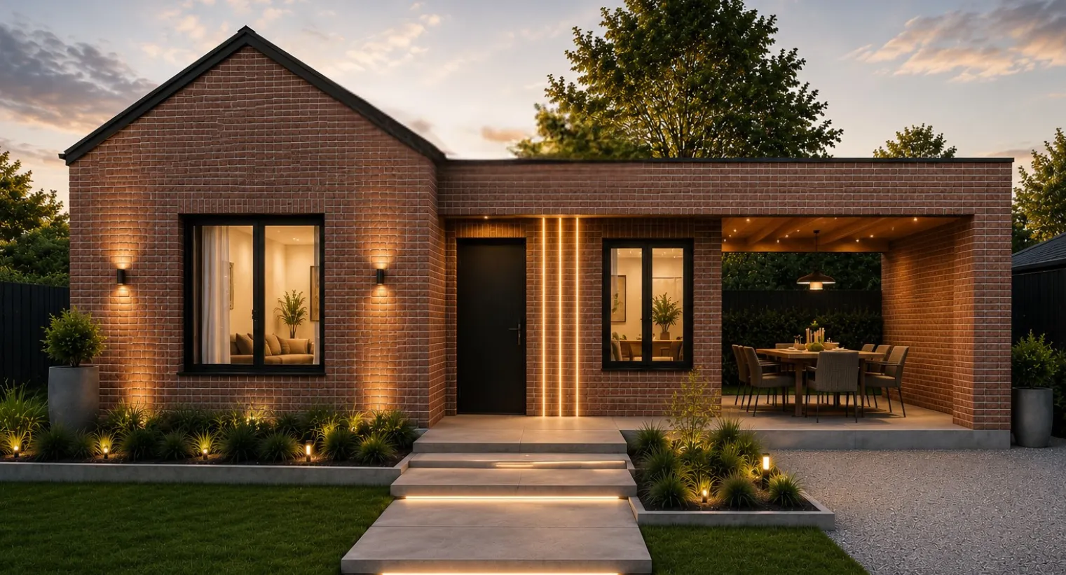 Render de una vivienda de ladrillo visto con acceso central, ventanas al jardín y galería lateral.