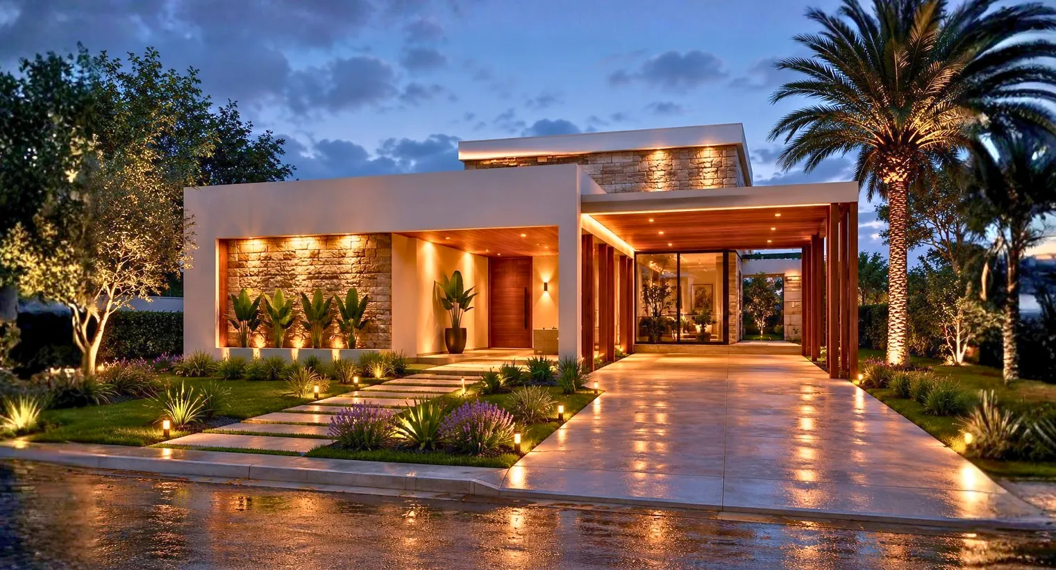 Render de una vivienda con fachada blanca, revestimiento de piedra y acceso semicubierto junto al jardín.