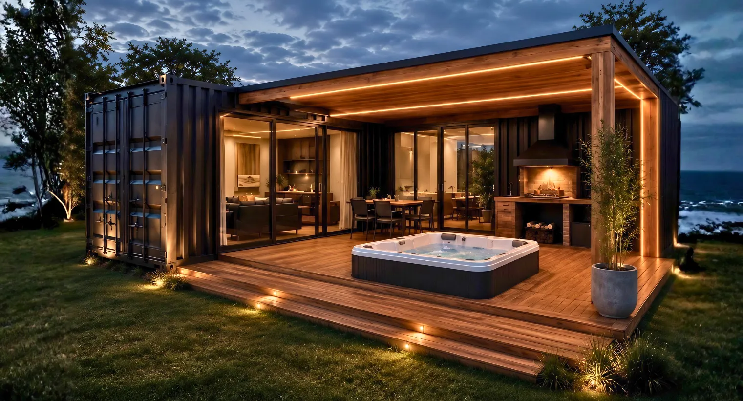Render de una vivienda compacta con grandes aberturas y una galería equipada con mesa, parrilla y jacuzzi.